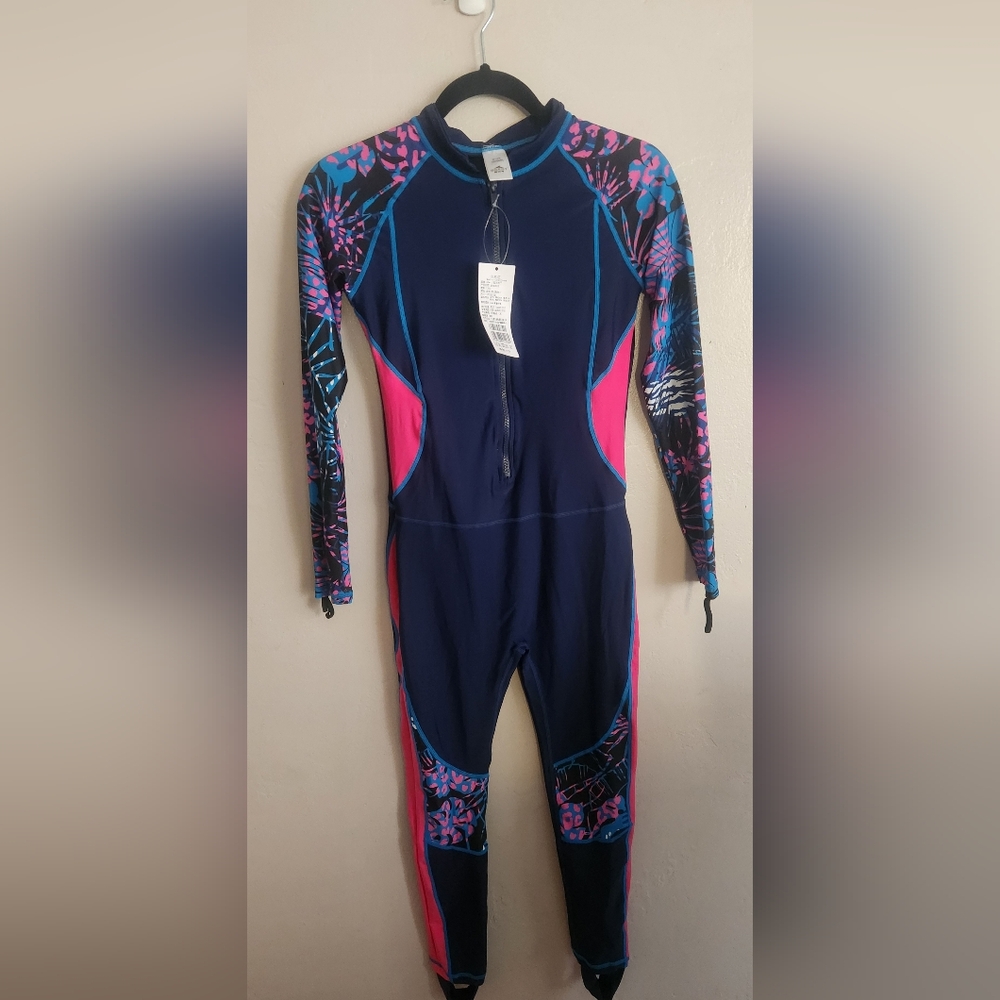 Navy Floral Full Body Long-Sleeve One-Piece Swimsuit Size Medium